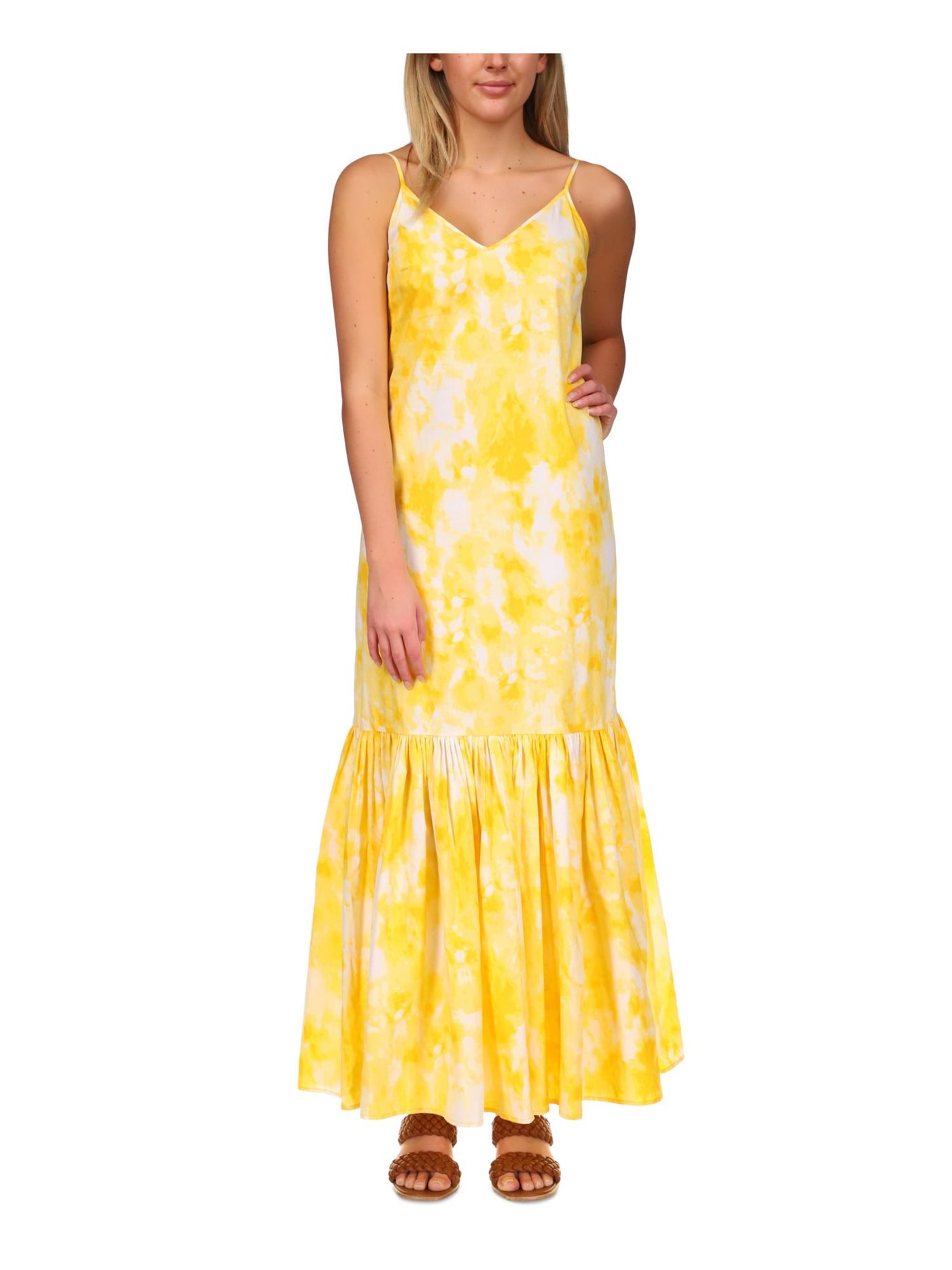 MICHAEL KORS Womens Yellow Tie Dye Sleeveless V Neck Maxi Ruffled Dress XXS