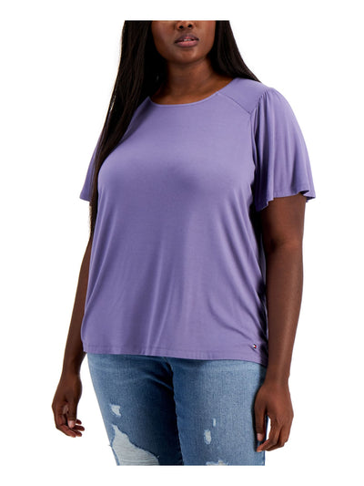 TOMMY HILFIGER Womens Purple Stretch Flutter Sleeve Crew Neck T-Shirt Plus 0X