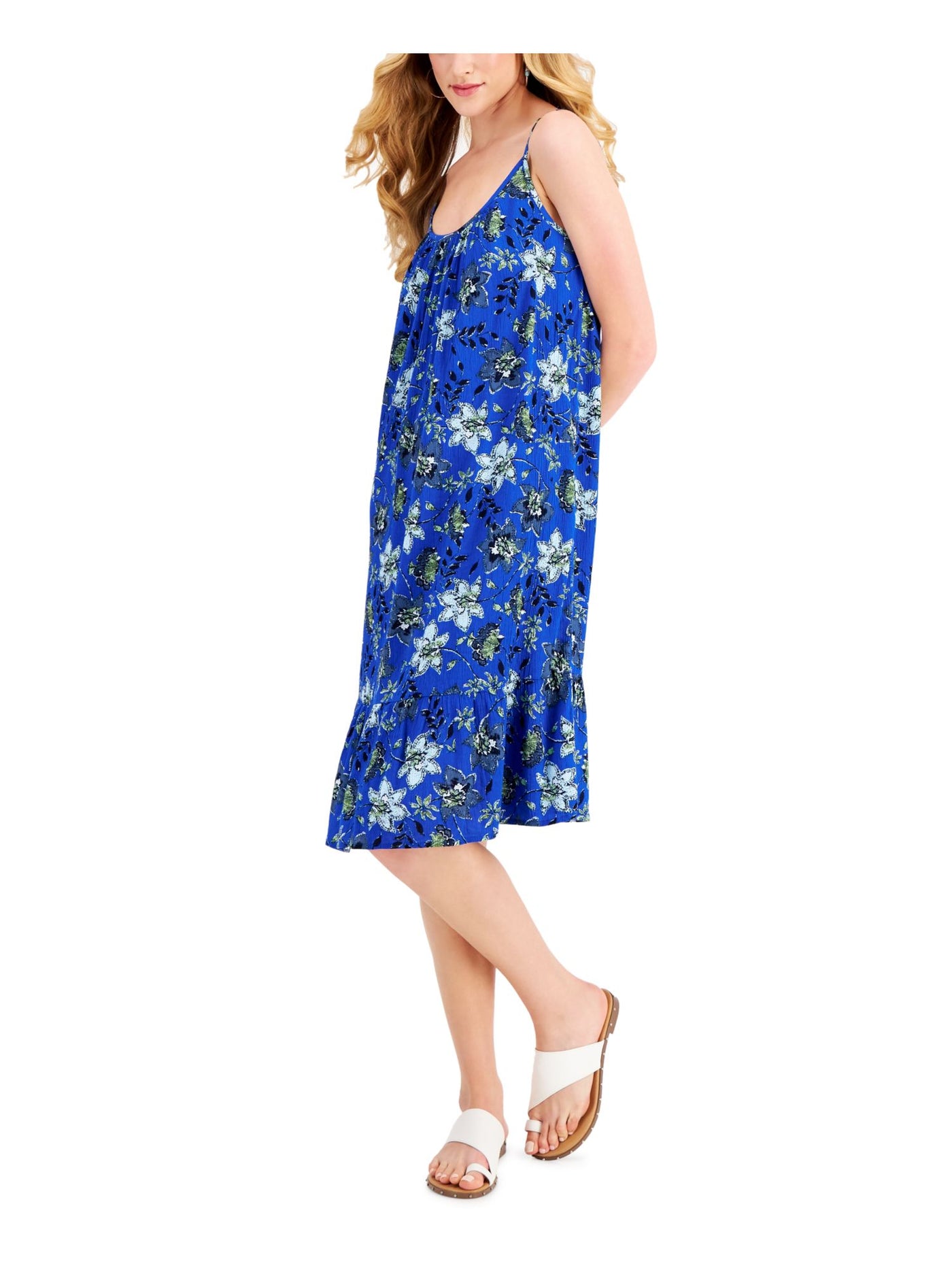 STYLE & COMPANY Womens Blue Ruffled Pullover Styling Floral Spaghetti Strap Scoop Neck Knee Length Shift Dress Petites PS
