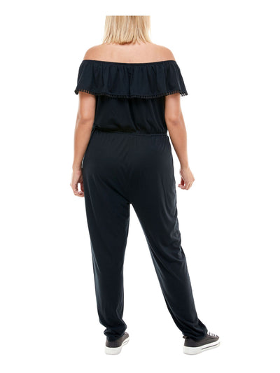 PLANET GOLD PLUS Womens Black Stretch Pocketed Tie Ruffled  Crochet Trim Short Sleeve Off Shoulder Straight leg Jumpsuit Plus 3X