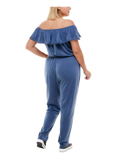PLANET GOLD Womens Blue Stretch Pocketed Tie Ruffled  Crochet Trim Short Sleeve Off Shoulder Straight leg Jumpsuit Plus 3X