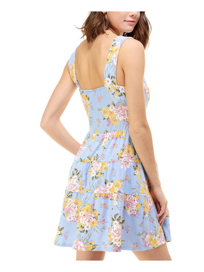 PLANET GOLD Womens Light Blue Stretch Floral Sleeveless Sweetheart Neckline Above The Knee Evening Fit + Flare Dress M