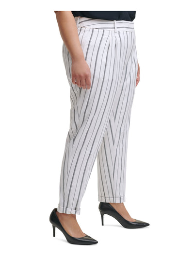 CALVIN KLEIN Womens White Stretch Zippered Pocketed Mid Rise Slim Leg Striped Wear To Work Pants Plus 18W
