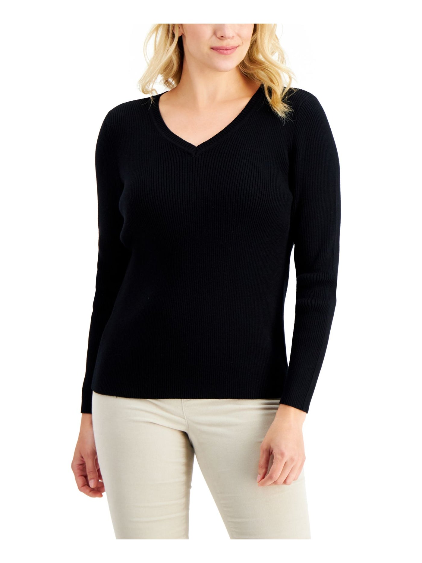 KAREN SCOTT Womens Black Long Sleeve V Neck Wear To Work Sweater XS