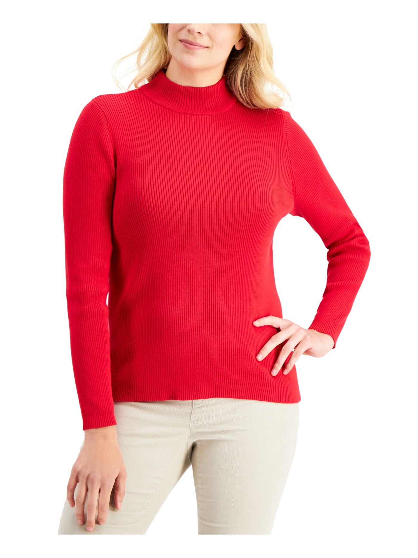 KAREN SCOTT Womens Red Ribbed Relaxed Fit Long Sleeve Mock Neck Wear To Work Sweater S