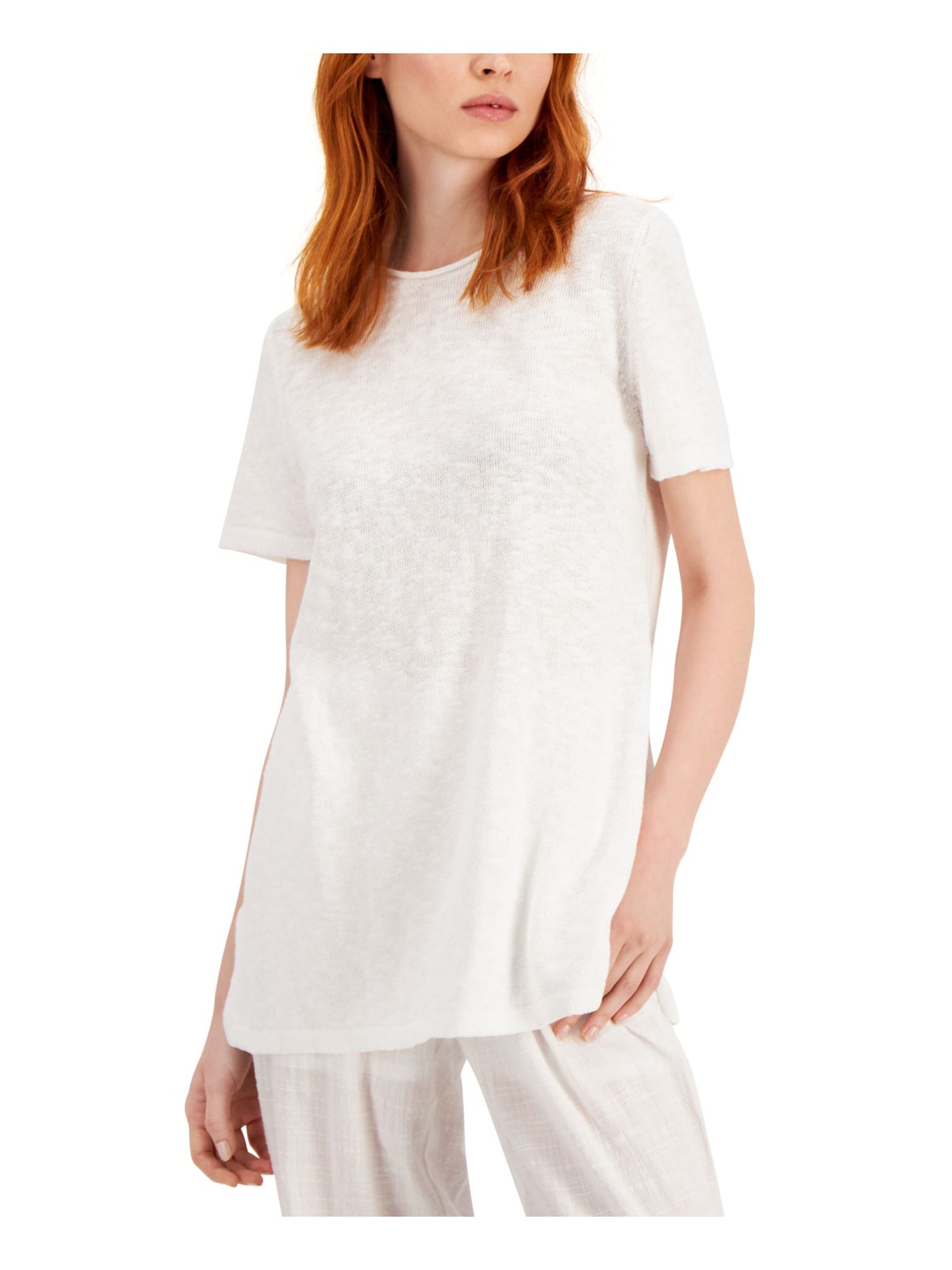 EILEEN FISHER Womens White Slitted Short Sleeve Crew Neck Wear To Work Tunic Top S
