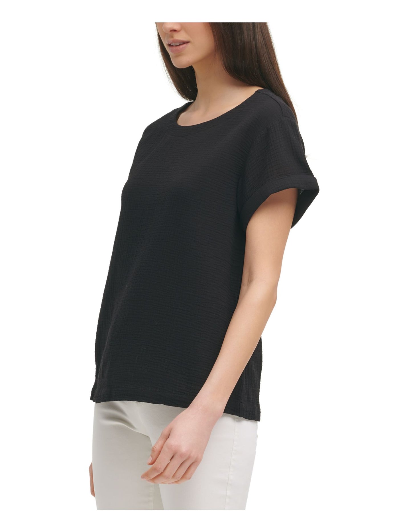 CALVIN KLEIN Womens Black Cotton Textured Short Cuffed Sleeves Gauze Round Neck Top XS