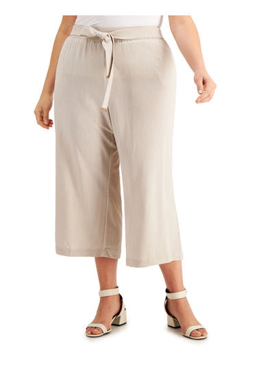 CALVIN KLEIN Womens Beige Pocketed Gathered Wide Pants Pinstripe Cropped Pants Plus 1X