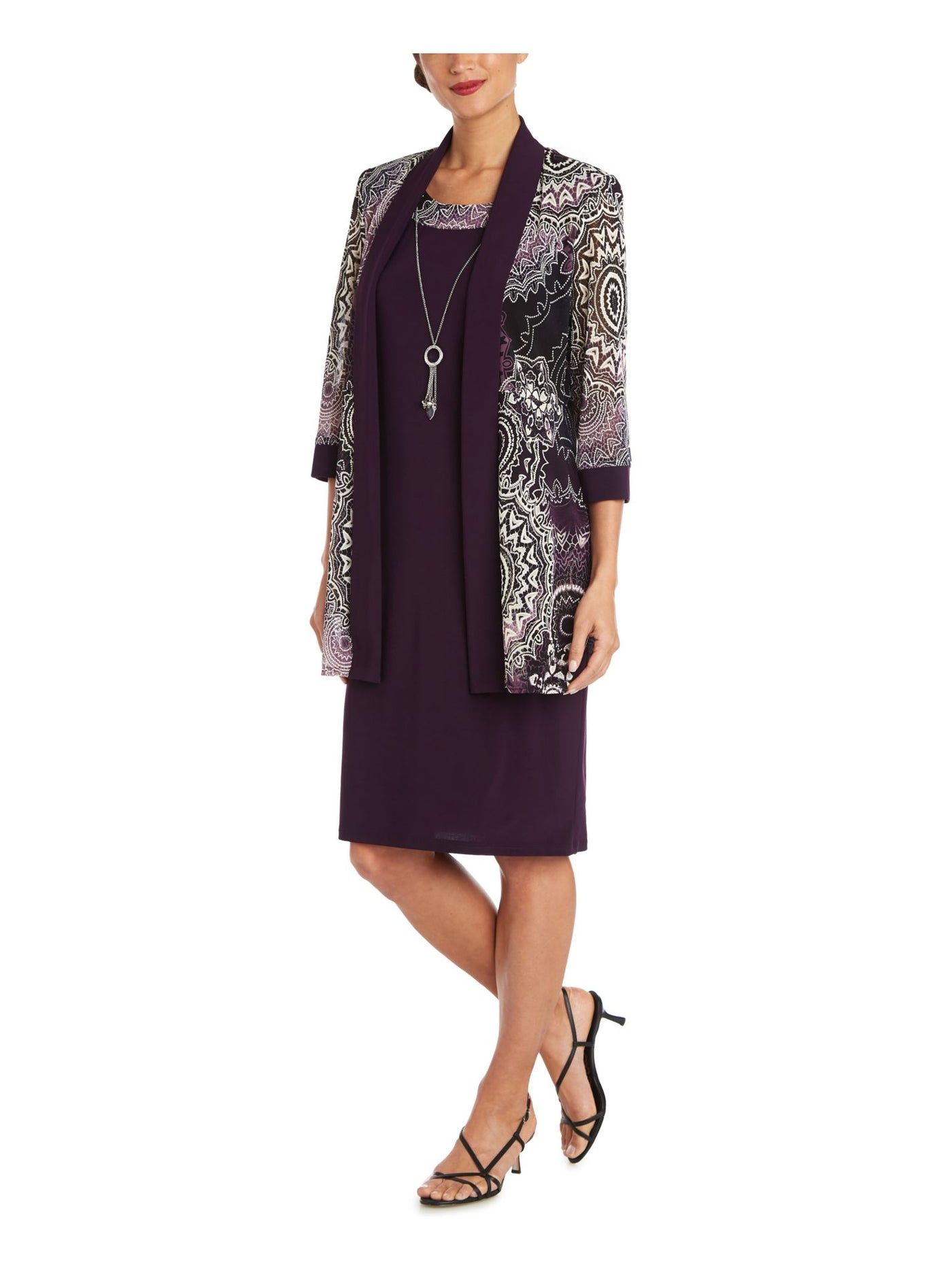 R&M RICHARDS Womens Purple Textured Sheer 3/4 Sleeve Open Front Wear To Work Jacket Petites 6P