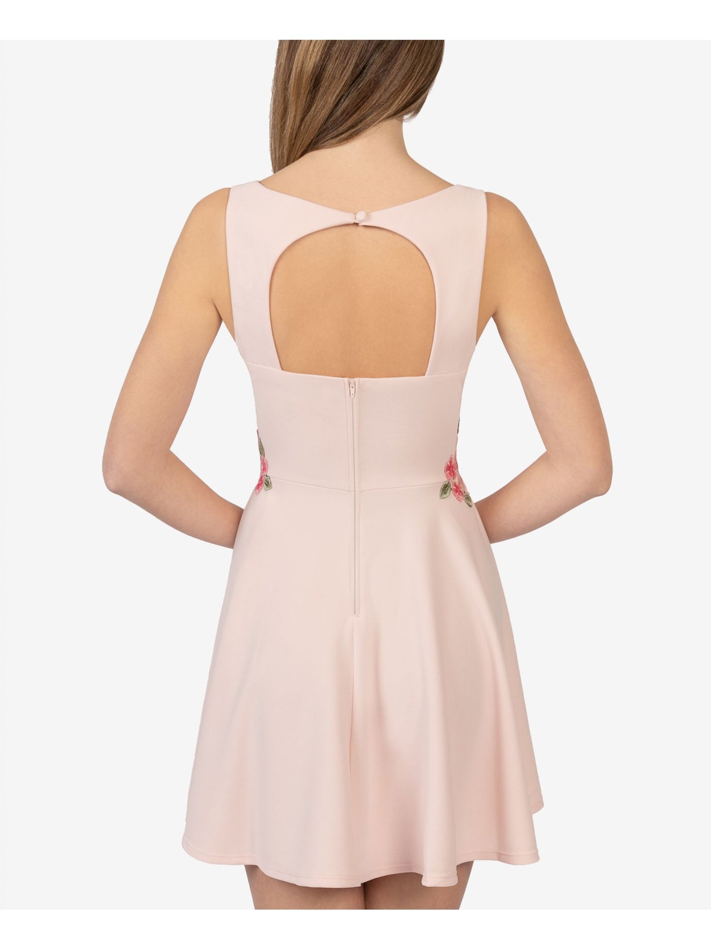 B DARLIN Womens Pink Stretch Zippered Cut Out Button Closure Sleeveless Sweetheart Neckline Mini Party Fit + Flare Dress Juniors 15\16