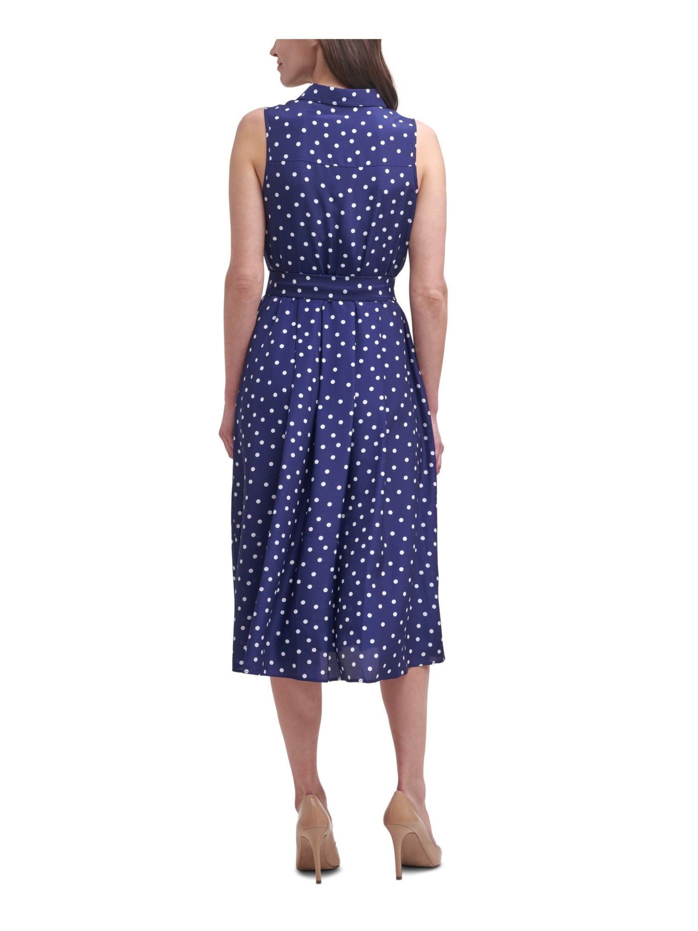 HARPER ROSE Womens Blue Zippered Pocketed Belted Polka Dot Sleeveless Point Collar Midi Wear To Work Shirt Dress 14
