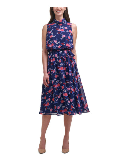 HARPER ROSE Womens Navy Zippered Belted Mock Roll-neck Chiffon Floral Sleeveless Midi Wear To Work Fit + Flare Dress 8