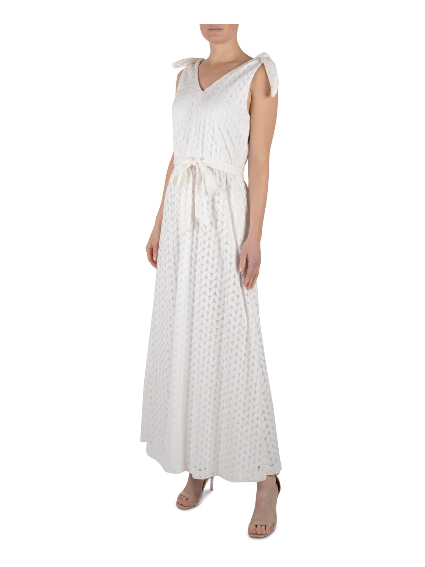 DONNA RICCO NEW YORK Womens White Tie V Neck Maxi Formal Fit + Flare Dress 6