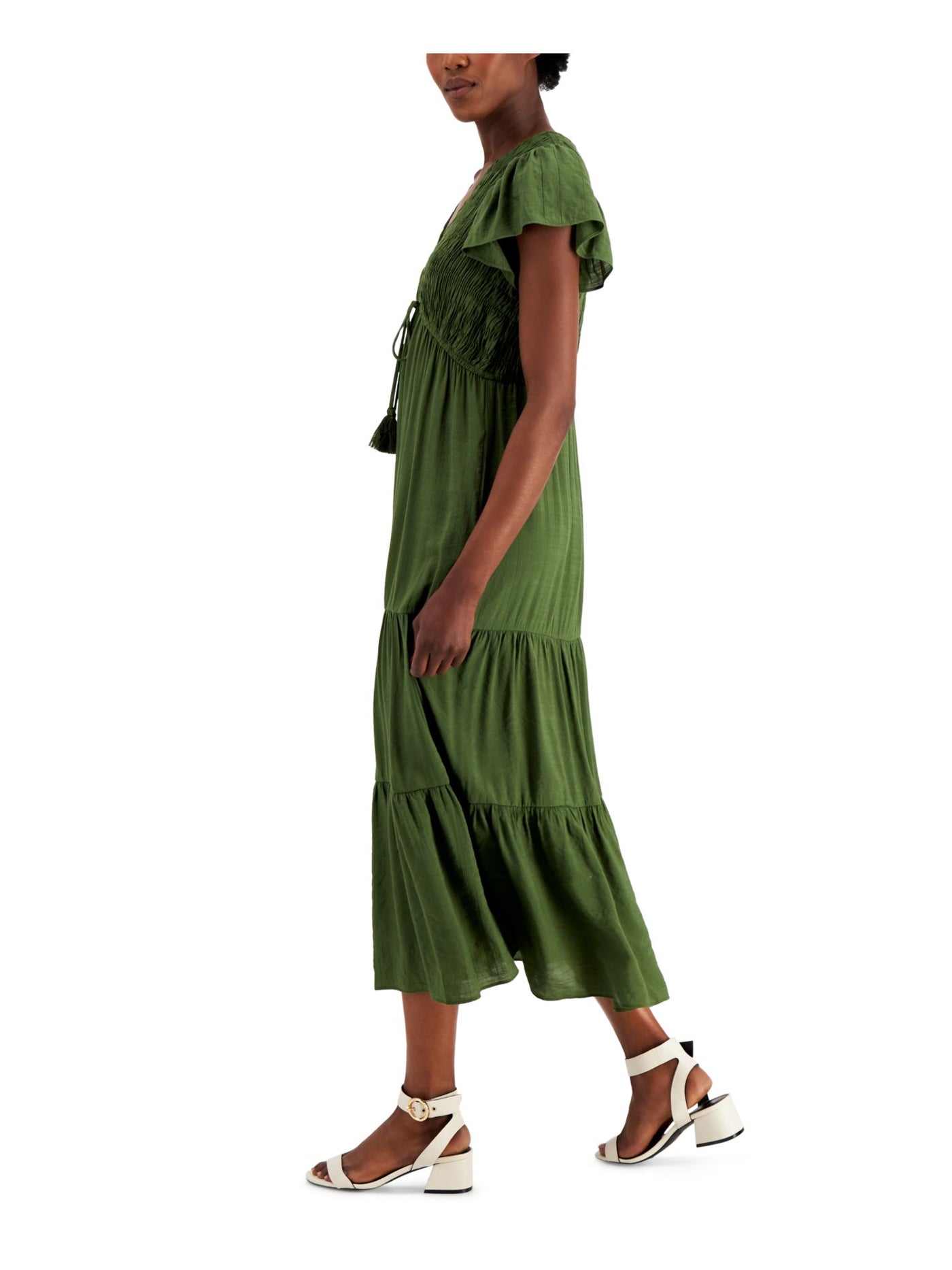TAYLOR Womens Green Smocked Tie Triple-tiered Flutter Sleeve V Neck Maxi Wear To Work Fit + Flare Dress 6
