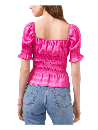 1. STATE Womens Pink Smocked Striped Pouf Sleeve Square Neck Peasant Top S