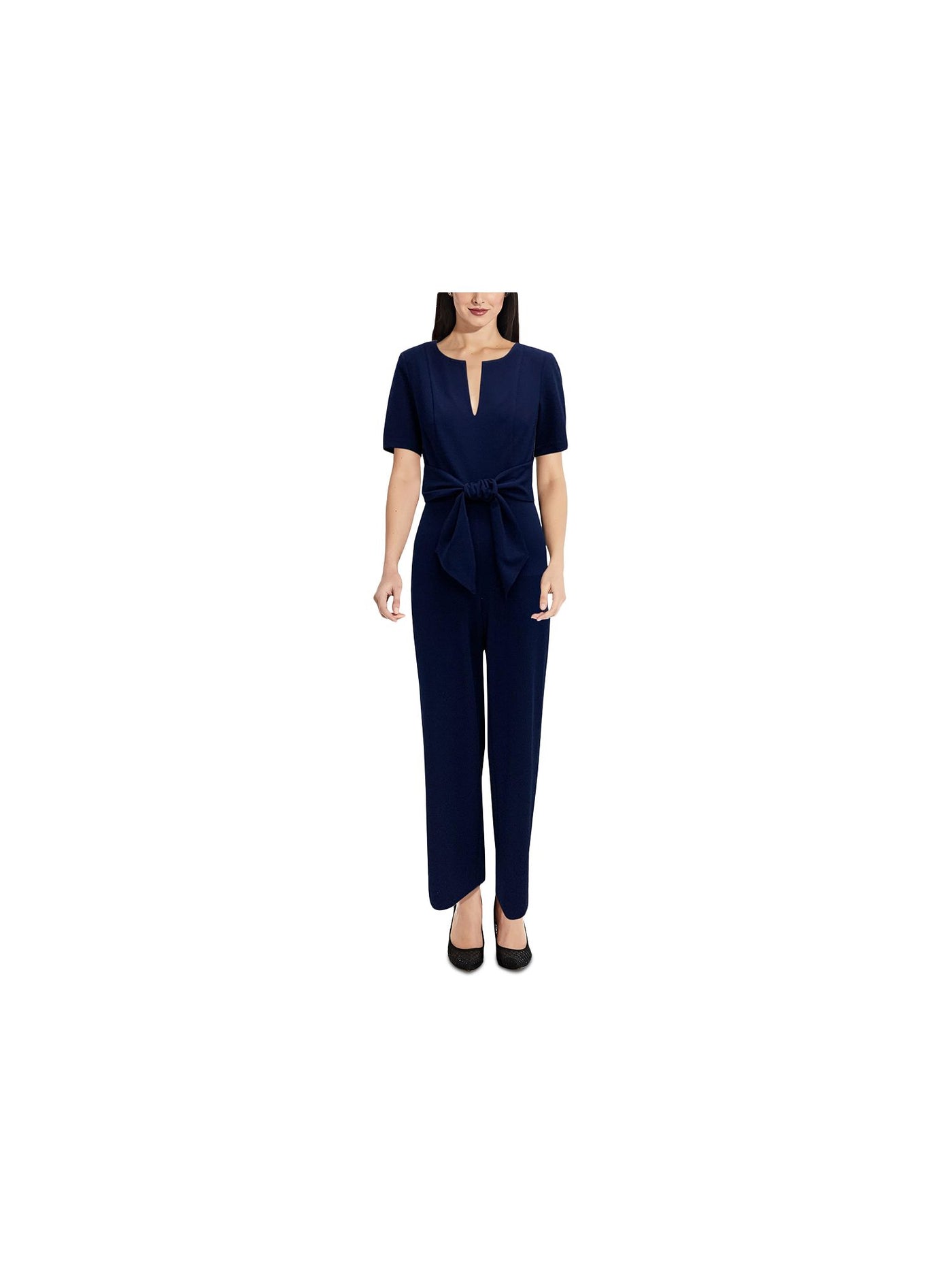 ADRIANNA PAPELL Womens Navy Stretch Zippered Darted Tie Front Short Sleeve Split Wear To Work Jumpsuit 2