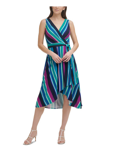 DKNY Womens Turquoise Stretch Belted Unlined Striped Sleeveless Surplice Neckline Midi Evening Wrap Dress L