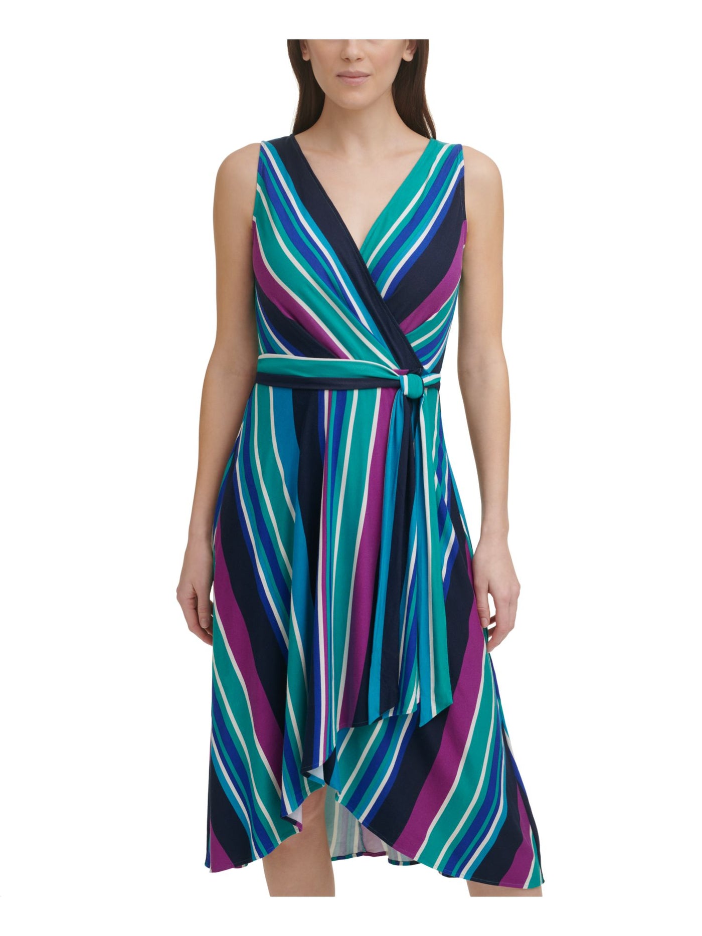 DKNY Womens Turquoise Stretch Belted Unlined Striped Sleeveless Surplice Neckline Midi Evening Wrap Dress L