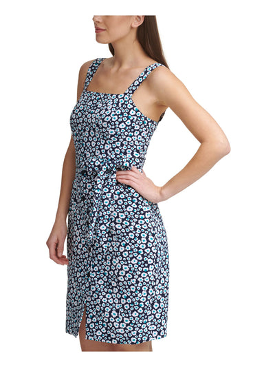 DKNY Womens Blue Belted Zippered Floral Sleeveless Square Neck Above The Knee Party Sheath Dress 4