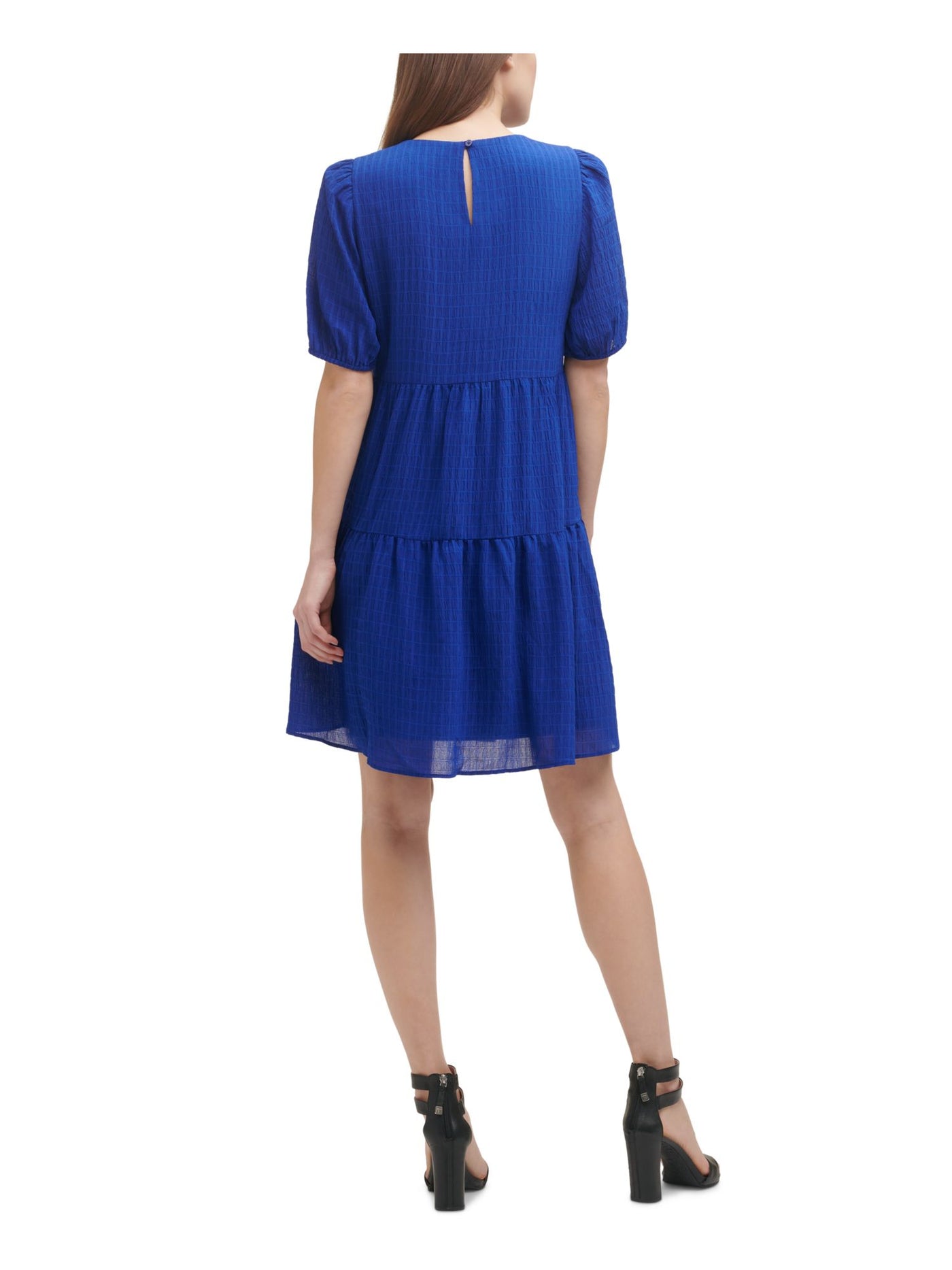DKNY Womens Blue Textured Sheer Lined Short Sleeve Jewel Neck Short Evening Shift Dress 6
