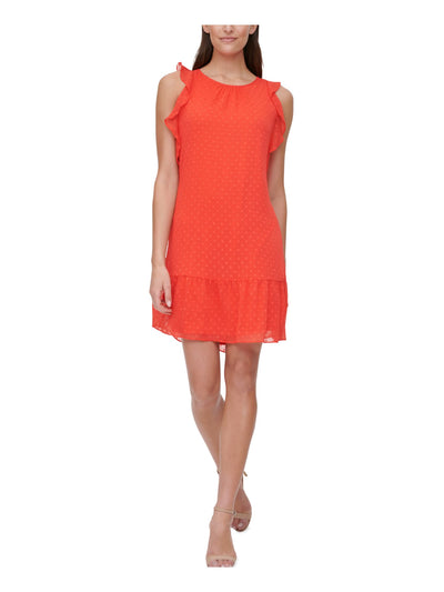 TOMMY HILFIGER Womens Coral Ruched Ruffled Back Cut Out Sleeveless Round Neck Above The Knee Party Shift Dress 6