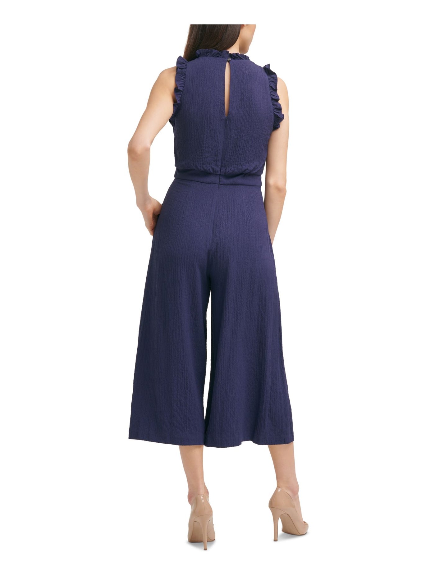 VINCE CAMUTO Womens Navy Ruffled Zippered Button Closure Sleeveless Wear To Work Cropped Jumpsuit 8