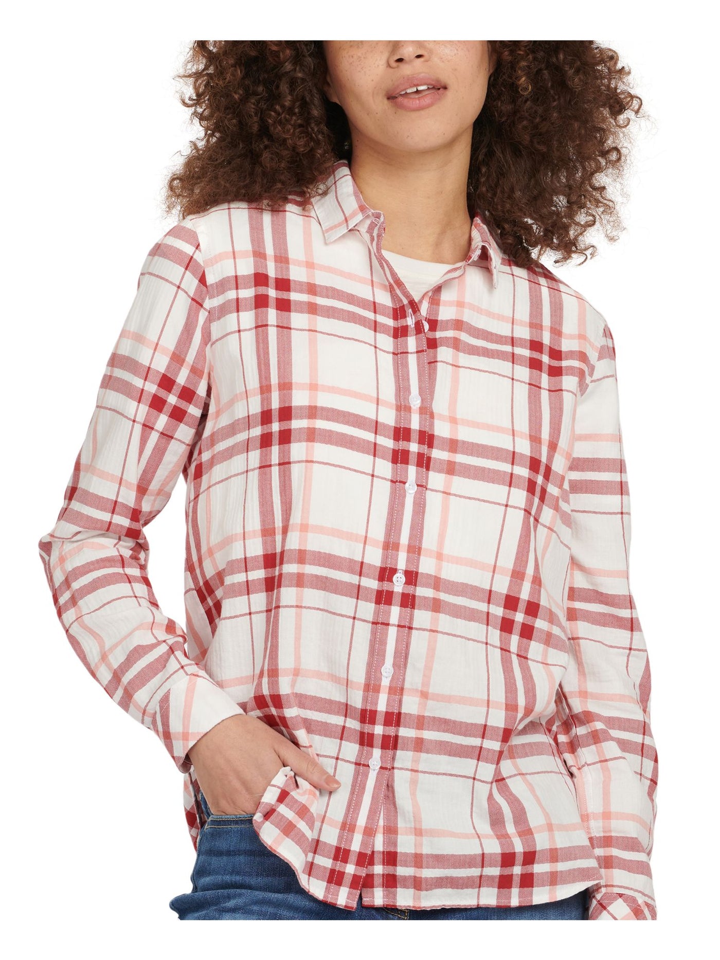 BARBOUR Womens Red Plaid Cuffed Sleeve Collared Button Up Top 6