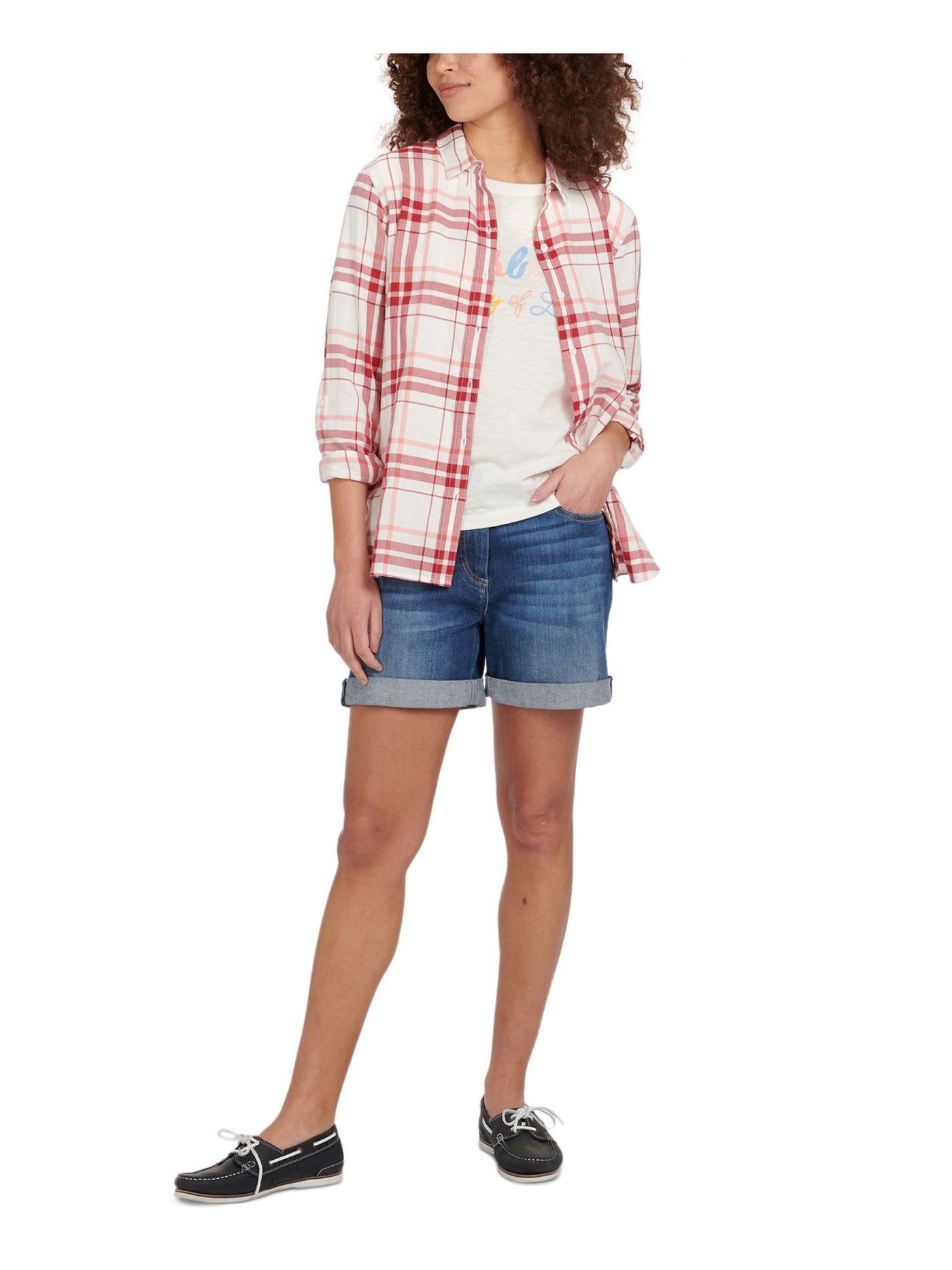 BARBOUR Womens Red Plaid Cuffed Sleeve Collared Button Up Top 10