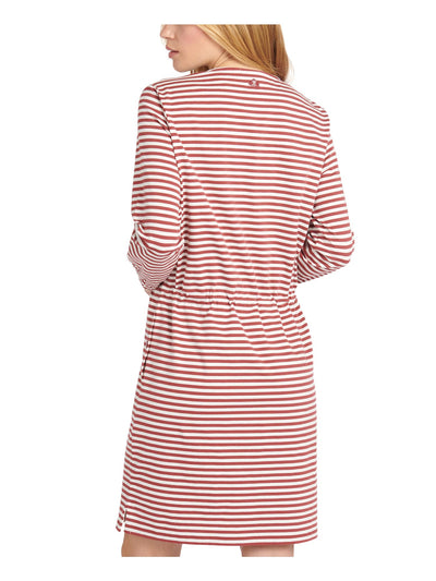 BARBOUR Womens White Stretch Striped Scoop Neck Above The Knee Sheath Dress 4