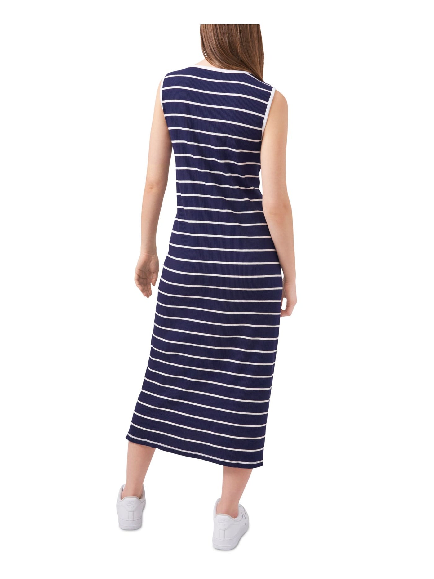 RILEY&RAE Womens Navy Stretch Ribbed Slitted Pullover Styling Striped Sleeveless Crew Neck Midi Sheath Dress M