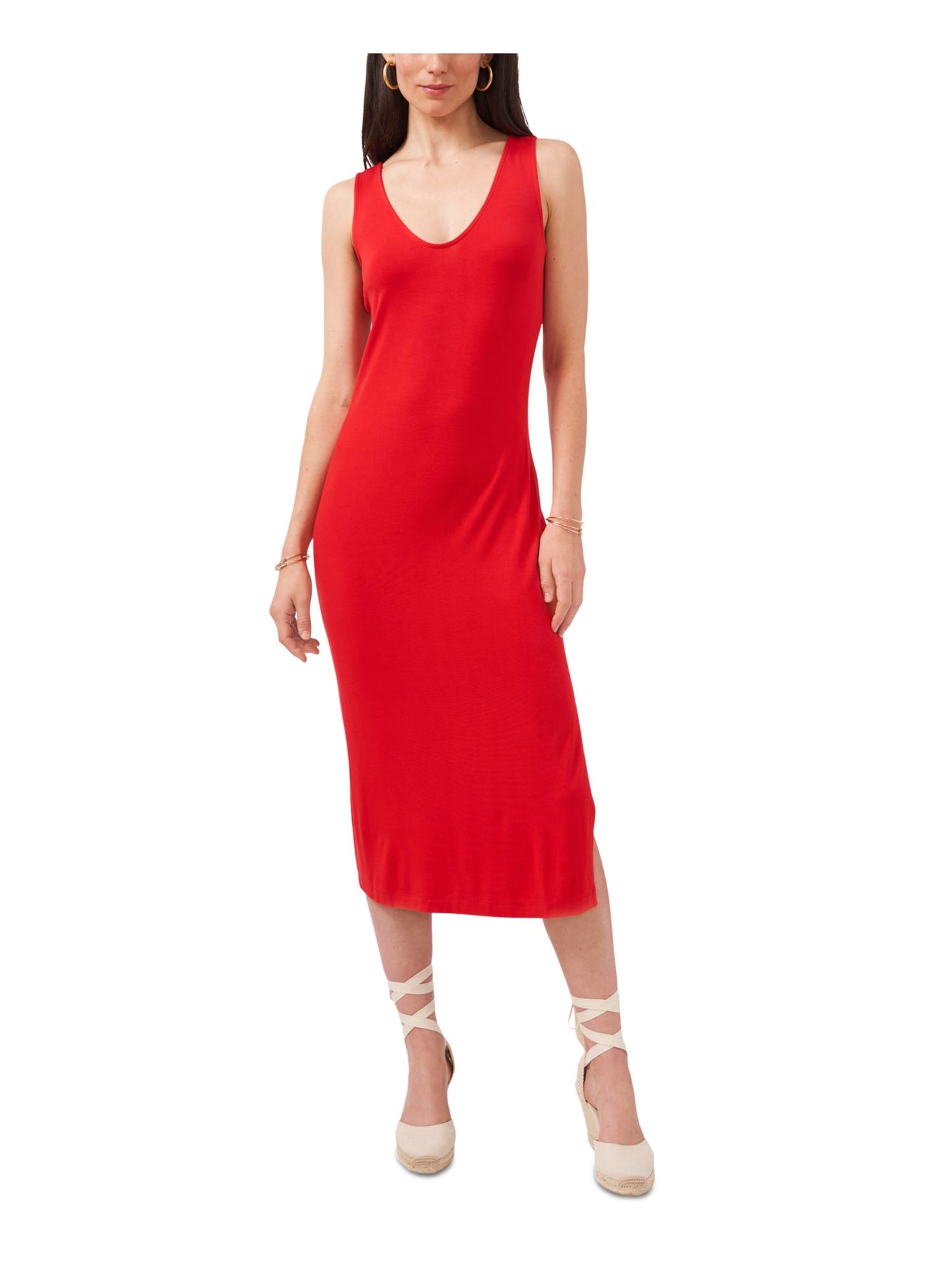1. STATE Womens Red Stretch Scoop Neck Midi Cocktail Sheath Dress M
