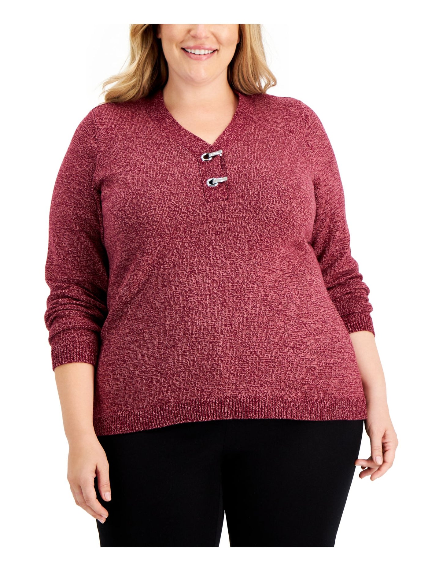 KAREN SCOTT Womens Burgundy Cotton Ribbed Heather Long Sleeve Wear To Work Sweater Plus 1X