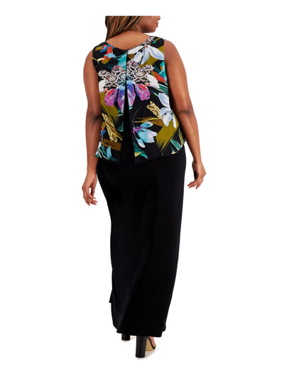 CONNECTED APPAREL Womens Black Stretch Printed Sleeveless Scoop Neck Maxi Evening Dress Plus 16W