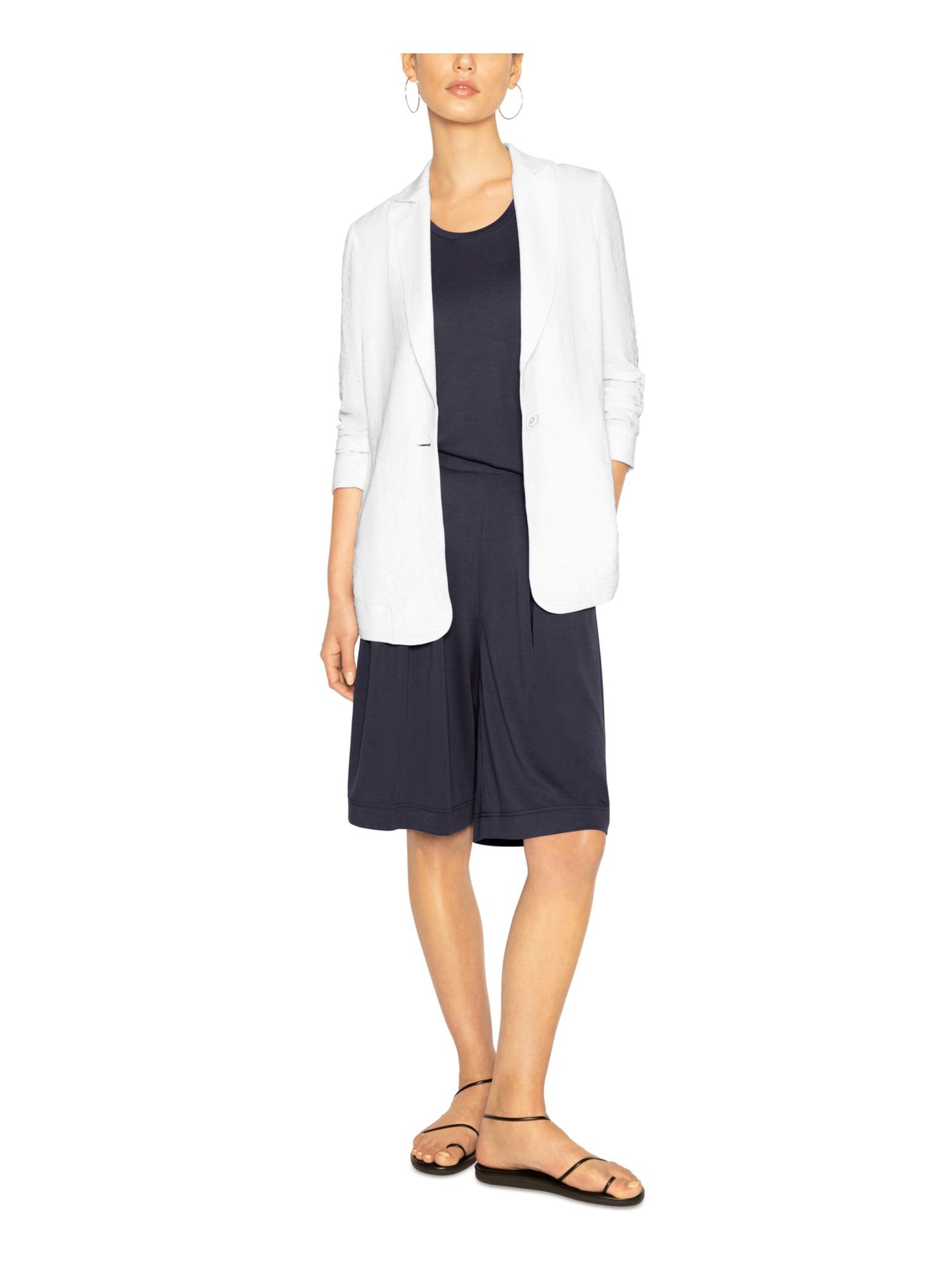 B NEW YORK Womens White Stretch Pocketed Textured Notched Lapel Crinkle  Single-bu 3/4 Sleeve Collared Blazer Jacket XS