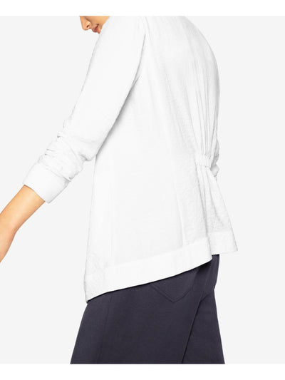 B NEW YORK Womens White Stretch Pocketed Textured Notched Lapel Crinkle  Single-bu 3/4 Sleeve Collared Blazer Jacket XS