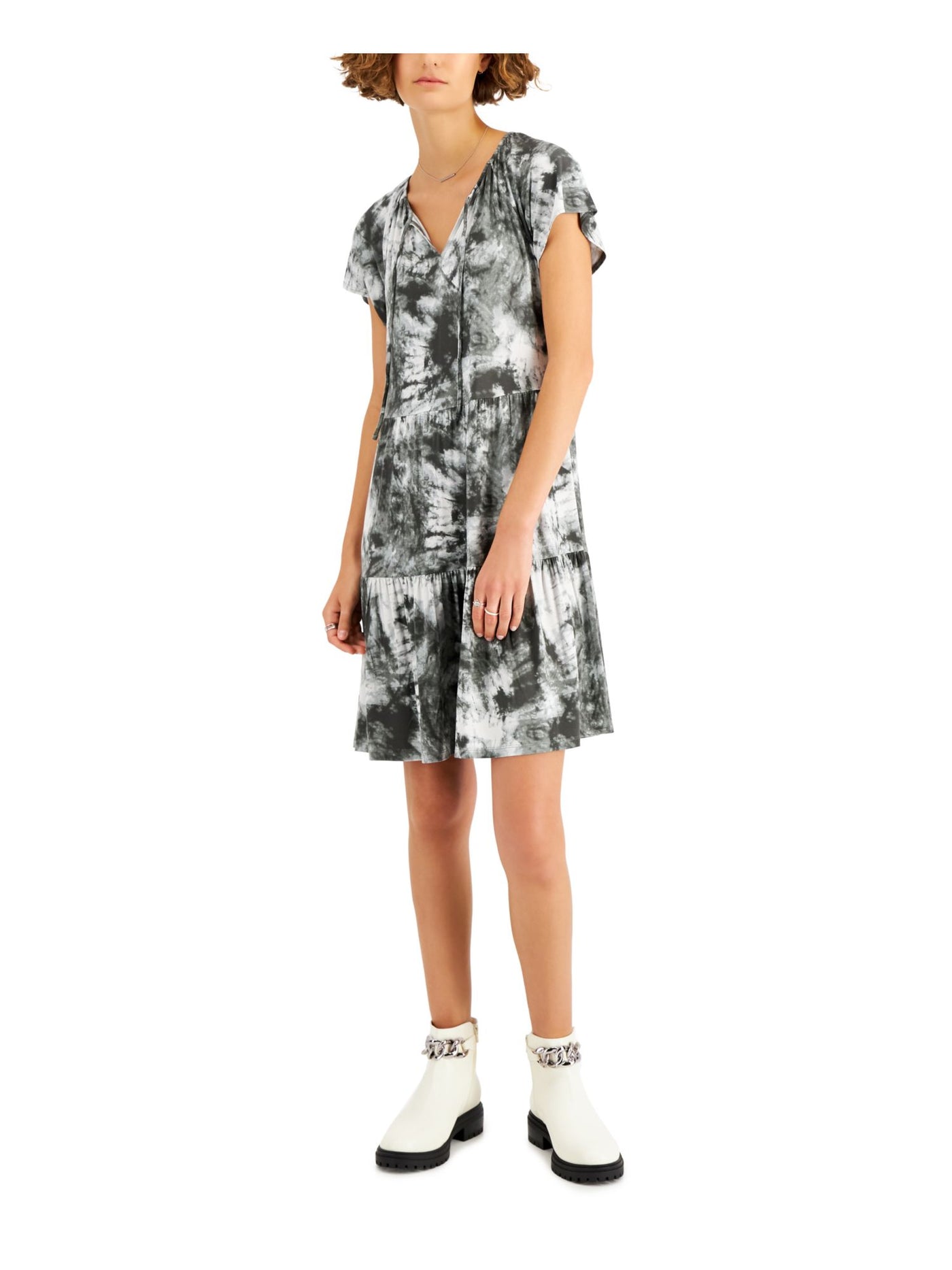 STYLE & COMPANY Womens Gray Stretch Ruffled Pull-on Style Tie Dye Short Sleeve Tie Neck Above The Knee Shift Dress XS