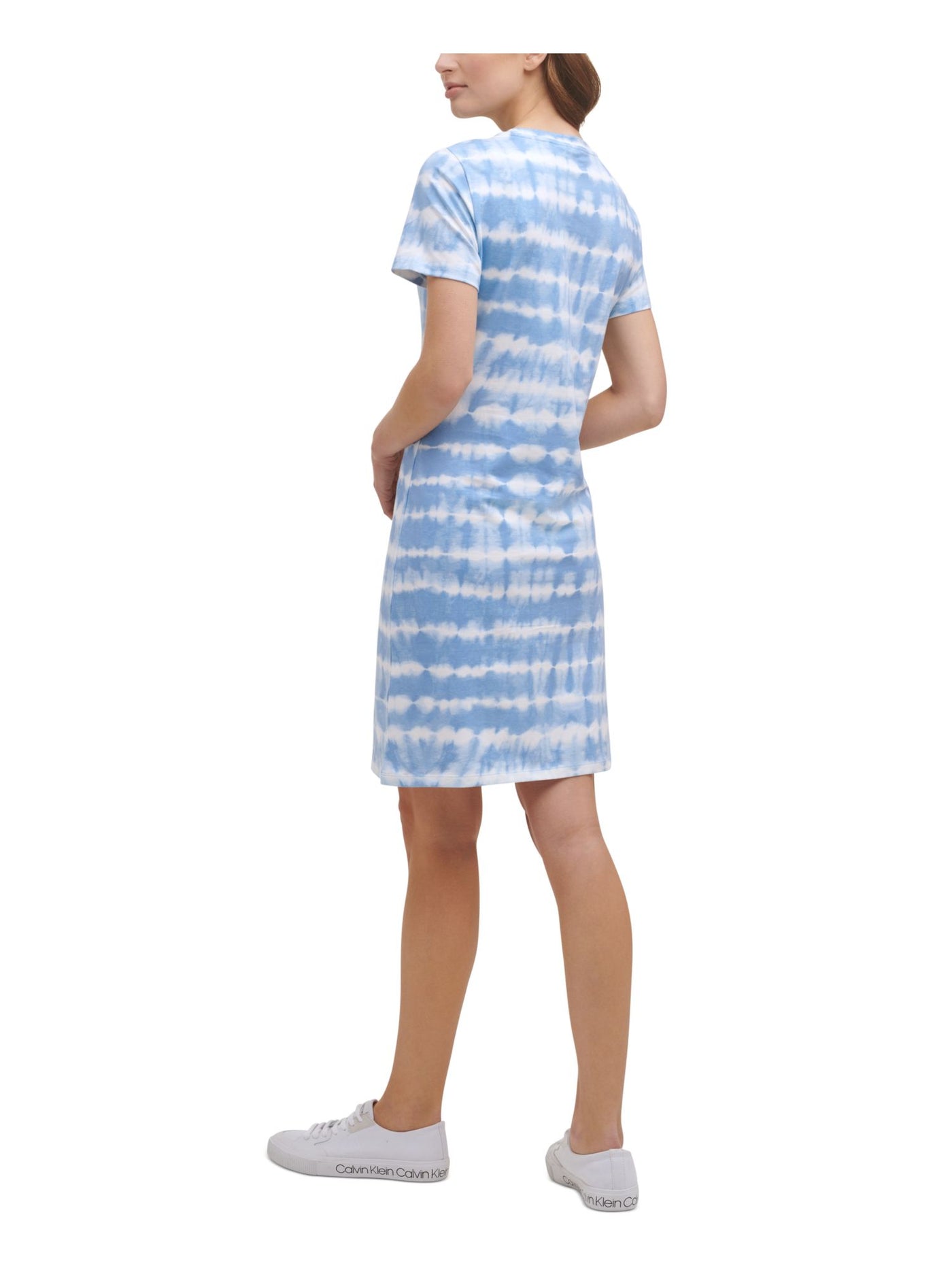 CALVIN KLEIN Womens Blue Glitter T-shirt Tie Dye Short Sleeve Crew Neck Above The Knee Dress XS