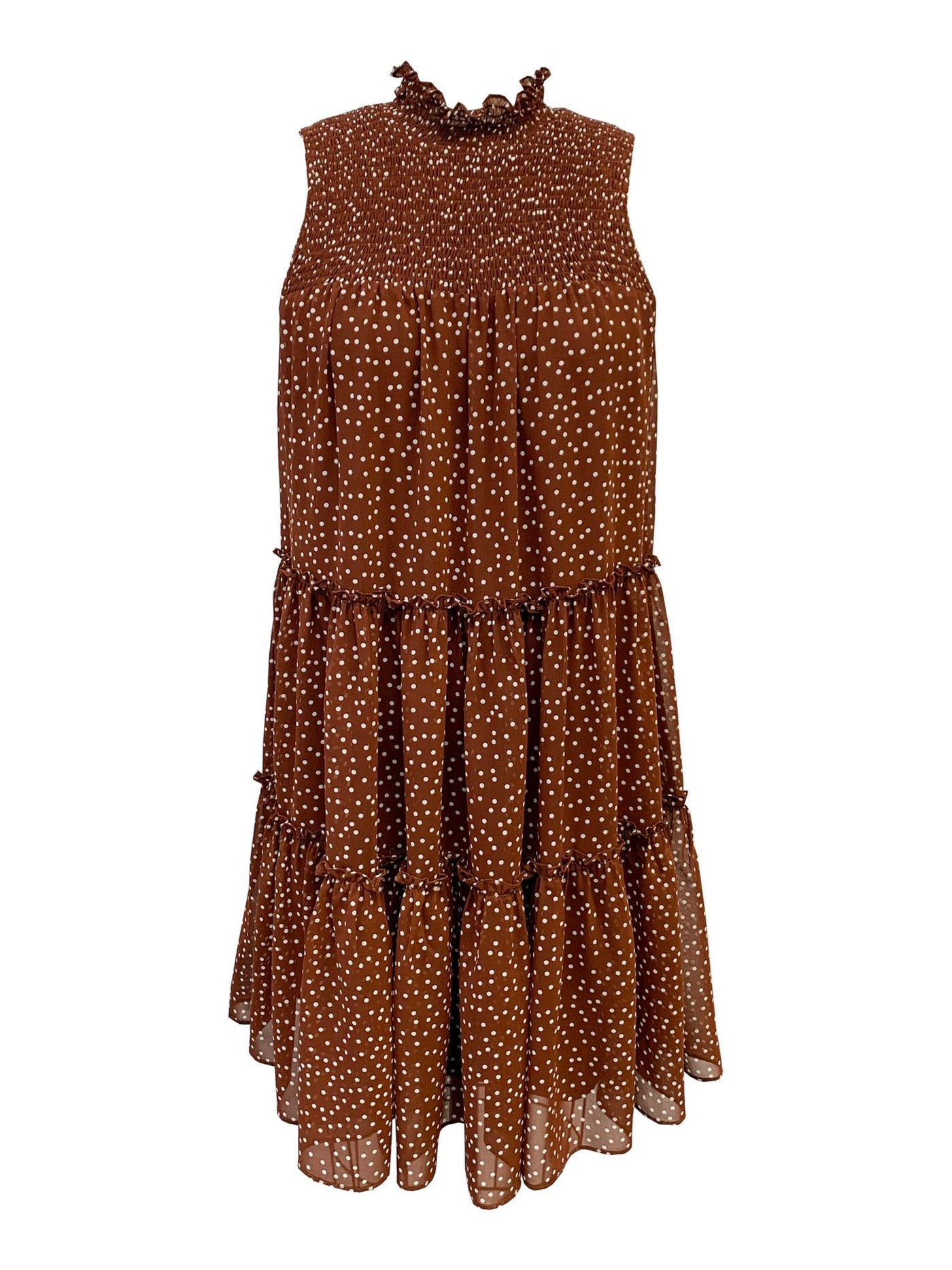 TAYLOR Womens Brown Smocked Sheer Lined Tiered Polka Dot Sleeveless Mock Neck Mini Shift Dress Petites 4P
