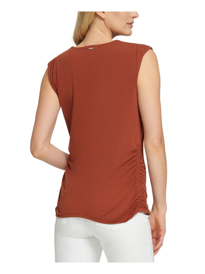 DKNY Womens Brown Stretch Ruched Sleeveless V Neck Top M