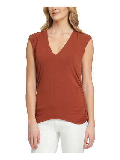 DKNY Womens Brown Stretch Ruched Sleeveless V Neck Top M