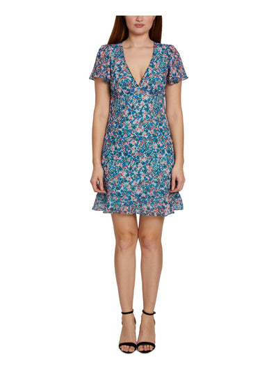 SAGE COLLECTIVE Womens Blue Ruffled Zippered Lined Floral Short Sleeve V Neck Above The Knee A-Line Dress 0P