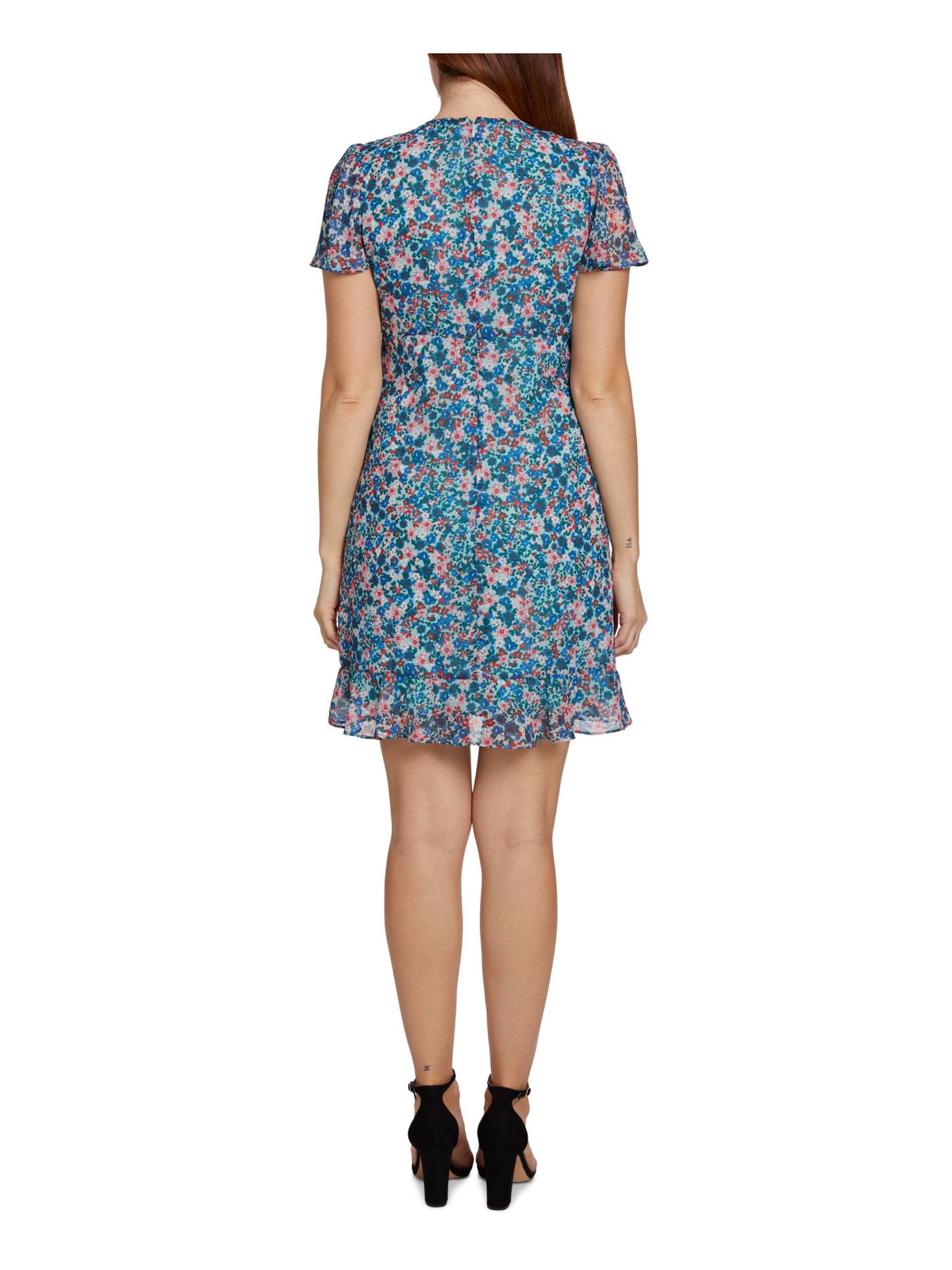 SAGE COLLECTIVE Womens Blue Ruffled Zippered Lined Floral Short Sleeve V Neck Above The Knee A-Line Dress 0P