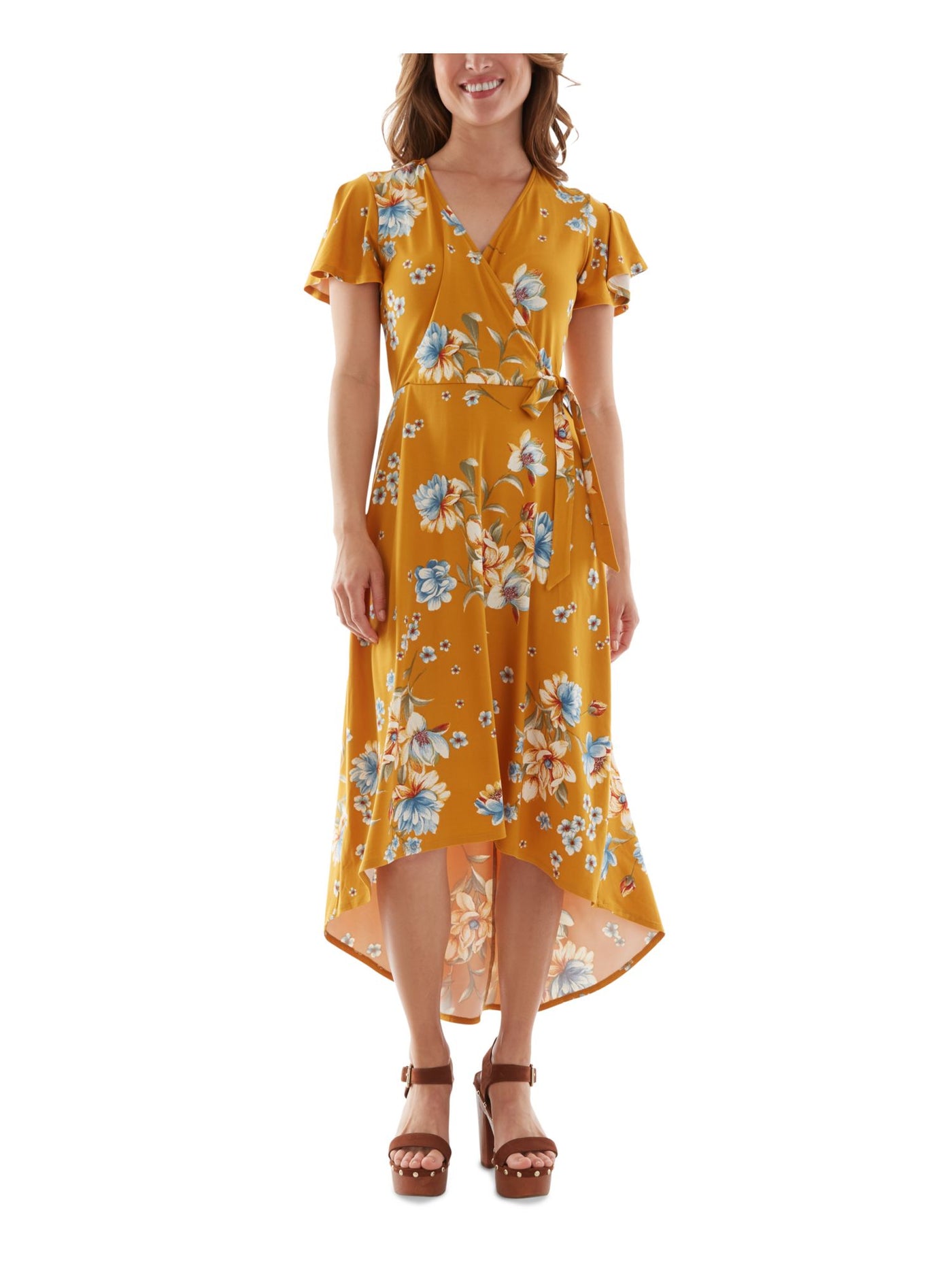 BCX DRESS Womens Yellow Stretch Tie Floral Flutter Sleeve Surplice Neckline Maxi Party Hi-Lo Dress XXS