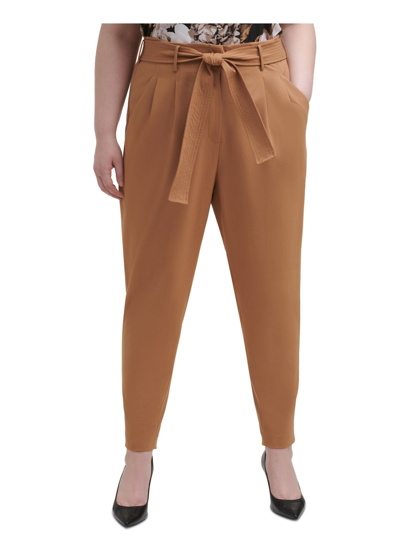 CALVIN KLEIN Womens Brown Stretch Pleated Belted Mid Rise Ankle-length Wear To Work Pants Plus 24W