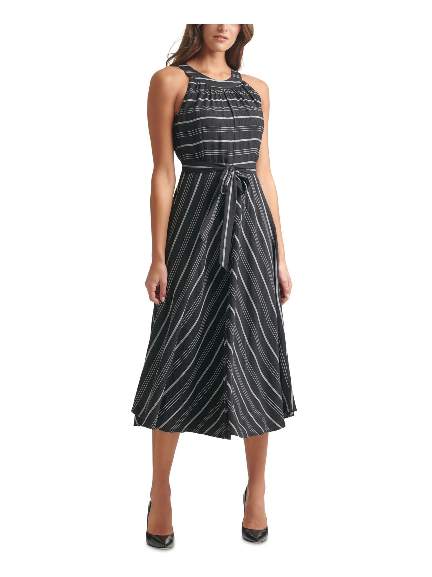 TOMMY HILFIGER Womens Black Stretch Zippered Belted Chiffon Striped Sleeveless Halter Maxi Fit + Flare Dress 6