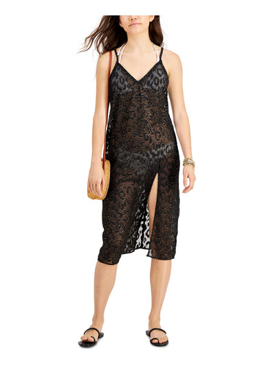 MIKEN Women's Black Animal Print Textured Slit Dress Deep V Neck Metallic Swimsuit Cover Up M