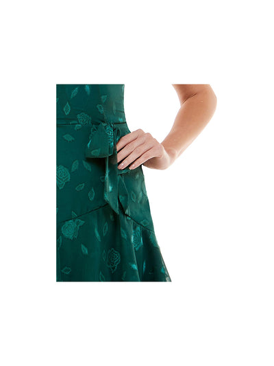 CITY STUDIO Womens Green Zippered Cut Out Tie Tiered Skirt Long Sleeve Asymmetrical Neckline Short Party Fit + Flare Dress Juniors 11