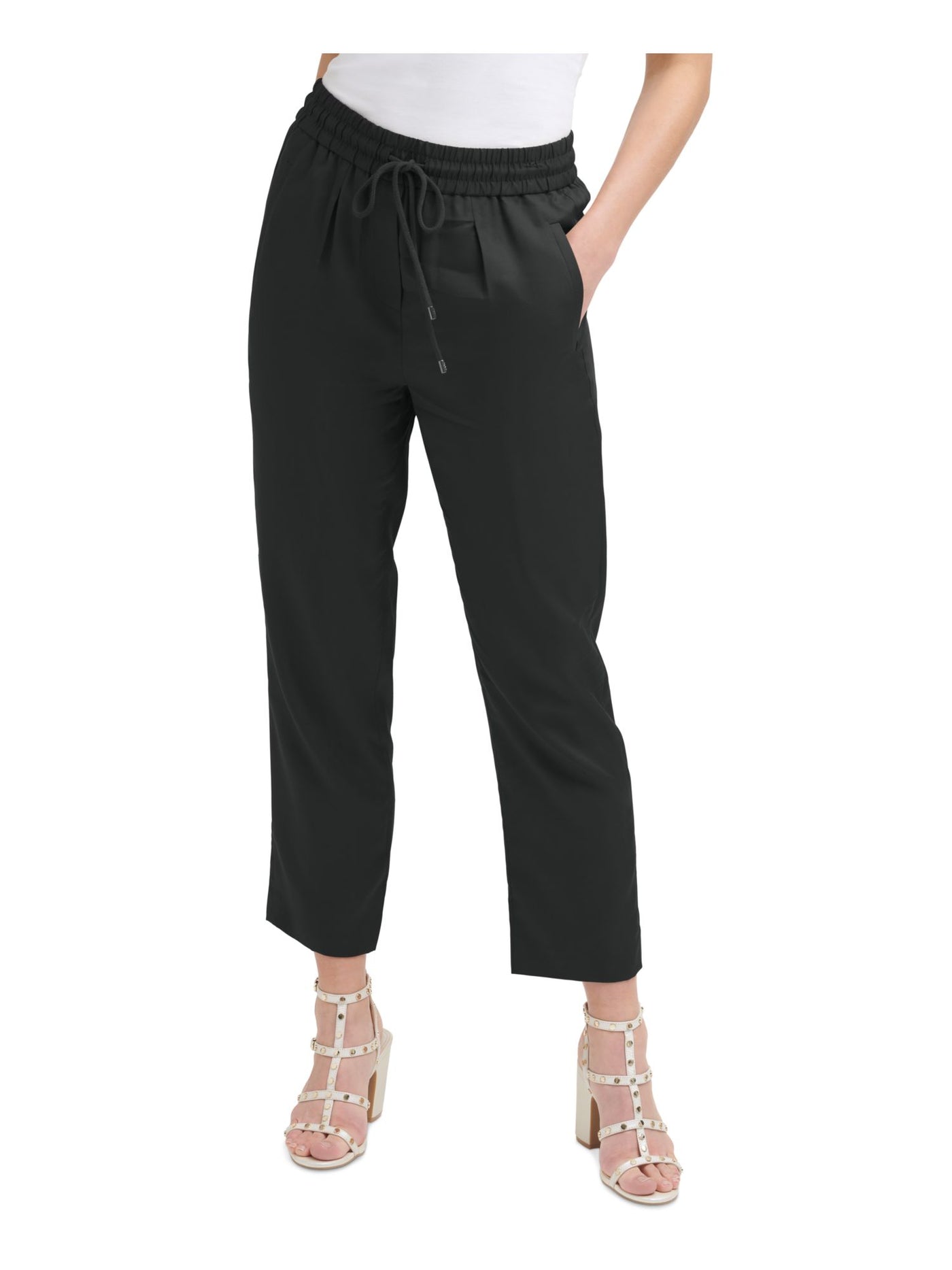 DKNY Womens Black Stretch Pocketed Pleated Drawstring Ankle Mid-rise Straight leg Pants 18