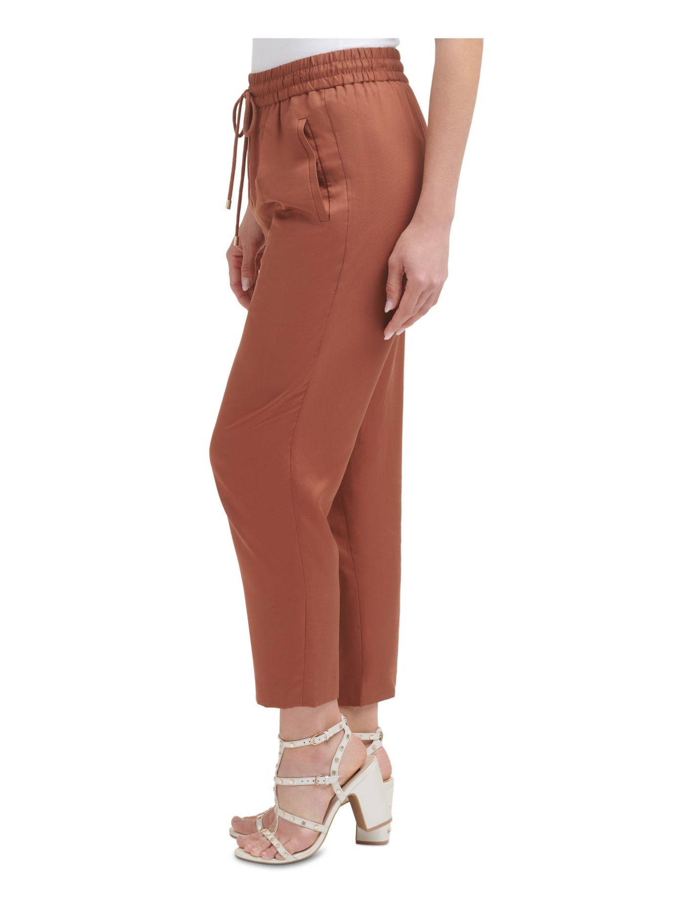 DKNY Womens Brown Stretch Pocketed Pleated Drawstring Ankle Straight leg Pants 8