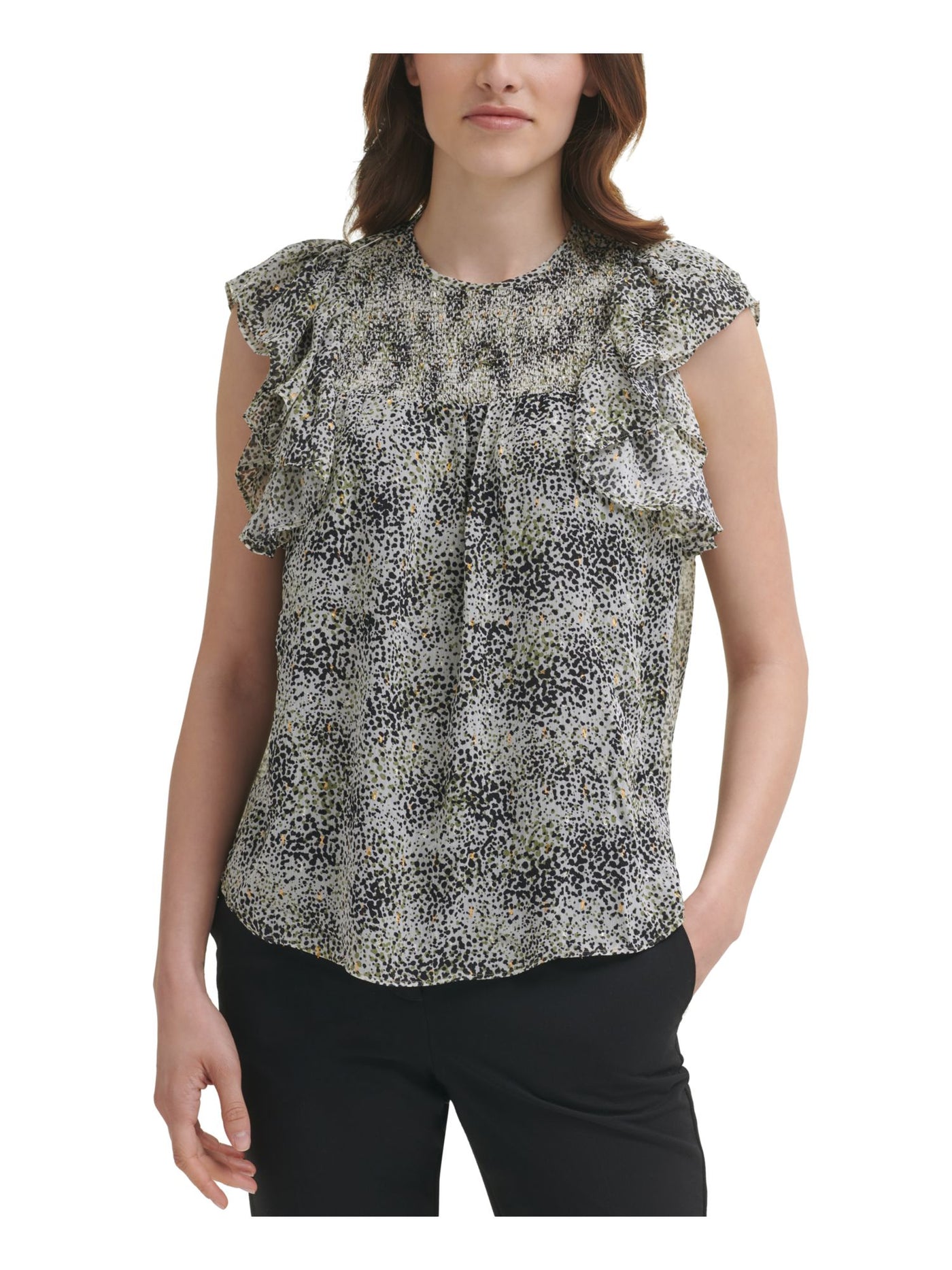 DKNY Womens Black Sheer Smocked Keyhole Back Printed Flutter Sleeve Round Neck Wear To Work Blouse S
